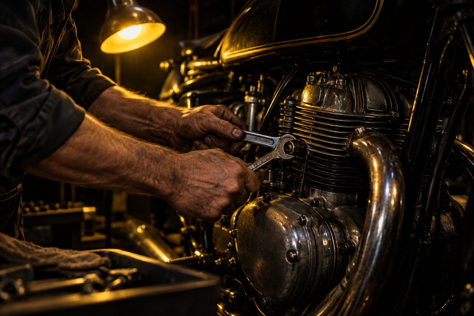 Hands working on a classic motorcycle engine in the Dude Bikes workshop